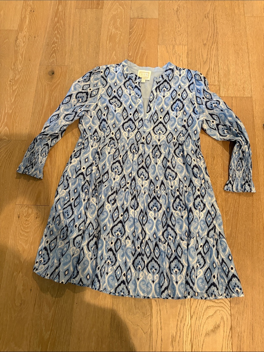 Women’s IKAT  Blue Patterned Long-Sleeve Dress